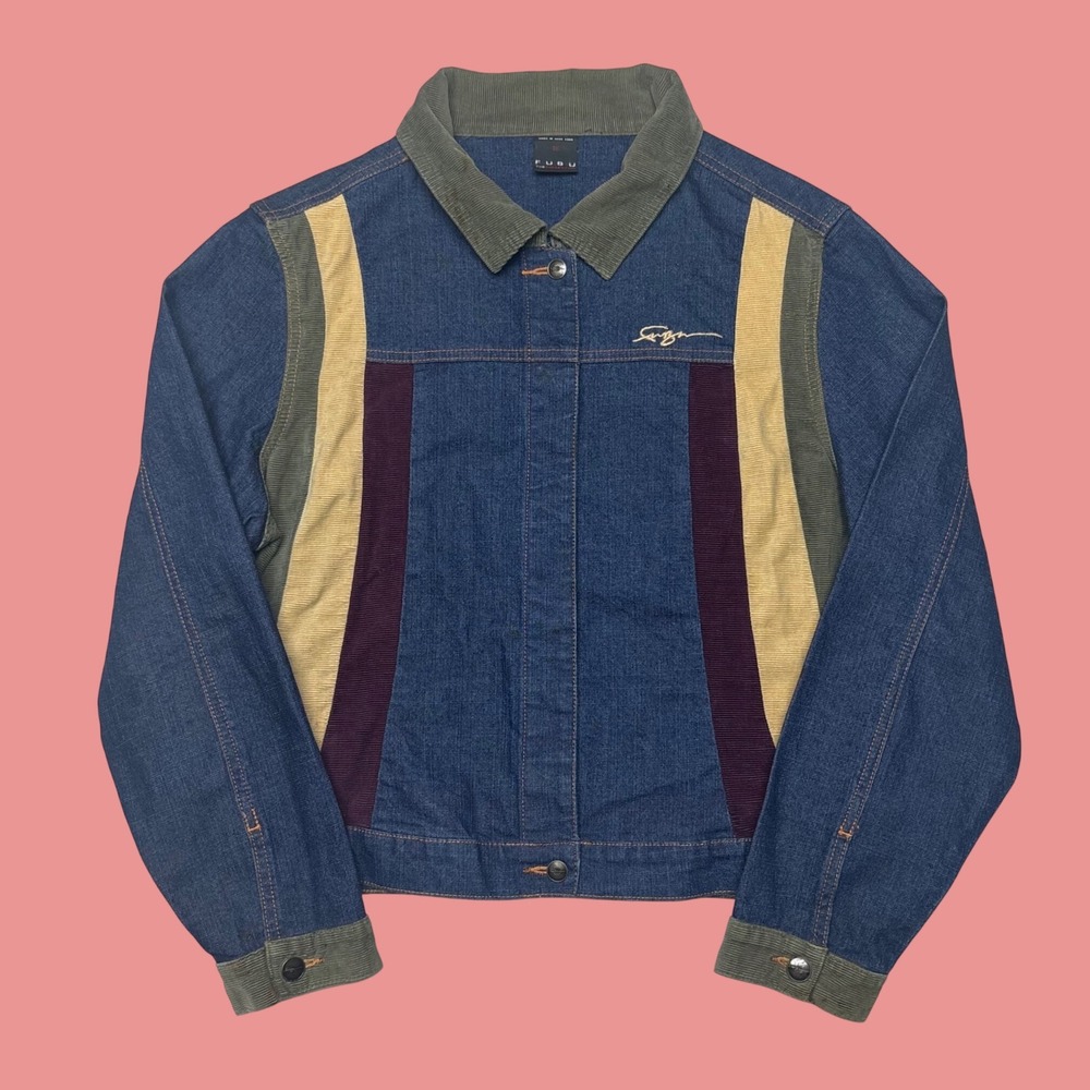 FUBU The Collection Womens 1X Denim Corduroy Mixed Media Jacket Blue Vintage